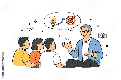 Empathetic Guidance Conversation. Persuasion in conversation. A mentor-like figure calmly explaining a concept to a smaller group, relaxed body language and