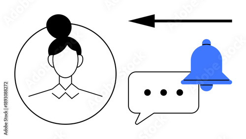 Notification system. Notification symbols include a bell, user avatar, and arrow. Notification management enhances communication efficiency. Ideal for apps, interfaces, alerts, UI concepts business