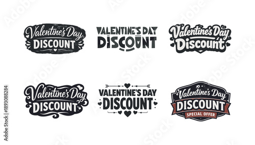 Valentine Lettering Styles. Valentine's Day Discount. Set lettering. harmonious lettering variations of the same emblematic concept, each with different