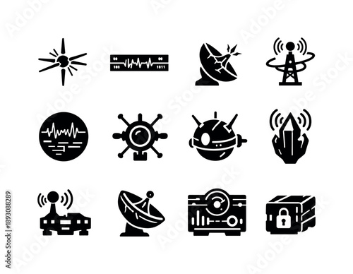 Alien Communication Icons. Interstellar probes and signals. Solid icon set of alien communication traces: pulsar beacon, encoded signal band, fractured