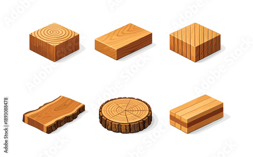 Timber Cuts Icons. Timber Cuts. Isometric flat vector icons set of Timber Cuts: end grain cut, plain sawn cut, quarter sawn cut, live edge slab texture,