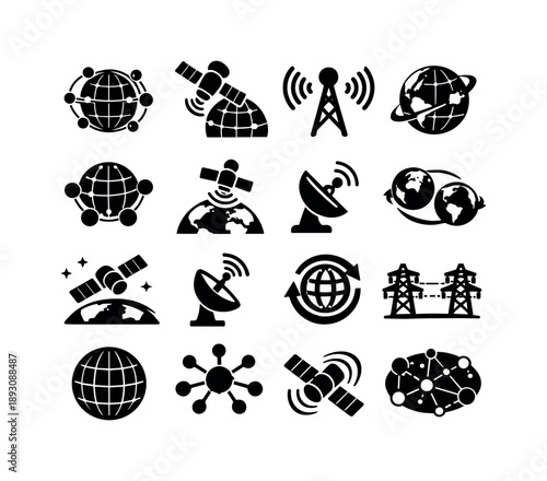 Global Connectivity Icons. Global Connectivity. Solid icon set of Global Connectivity: connected globe, satellite network, signal beams, worldwide coverage,
