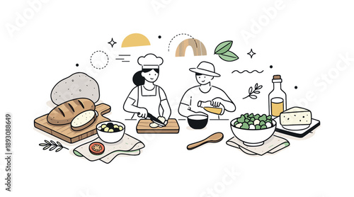 Rustic Culinary Artistry. Rustic food styling elements. Natural textures like wood, stone, and fabric combined in a clean, modern layout. Calm creative process