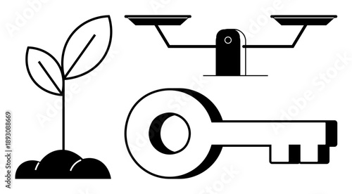 Growth, justice, opportunities, balance, legal concepts, unlocking potential. Minimalistic black and white icons of a plant sprout, scales of justice and a key. Growth and justice concept