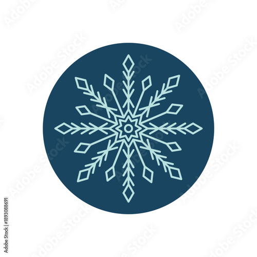 Blue round snowflake element with line ornament and cold frosty seal label. Winter ice and chill label design, xmas snow flake seal for package in circular shape seasonal ornament.