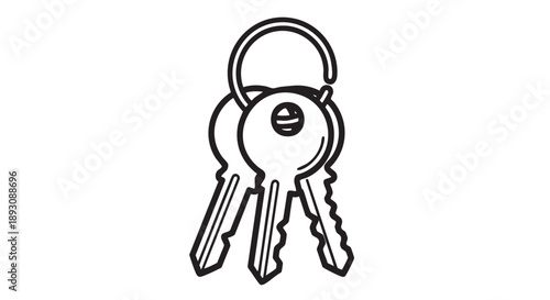 A set of keys attached to a keyring viewed from the front in a simple illustration