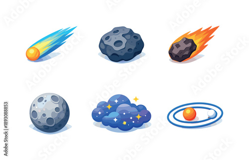 Colorful Astronomy Icons. Astronomy Objects. Isometric flat vector icons set of astronomy objects: comet with tail, asteroid rock, meteor fragment, planetary