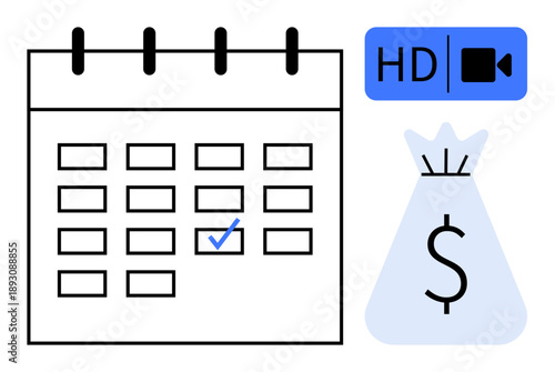 Calendar grid with marked date, HD video icon, and money bag symbolizing time management, content scheduling, financial planning, revenue generation, digital services, budgeting, and productivity