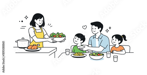 Family Dinner Prep. Family dinner cooking moment. A simple scene showing a parent serving dishes from the kitchen counter to the dining table, highlighting