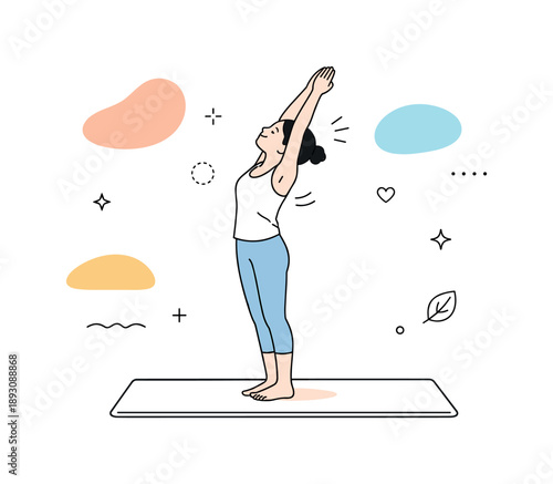Serene Yoga Pose. Yoga set. A calm scene of a person in light activewear performing a gentle sun-salutation pose on a neat mat, calm balance and mindful