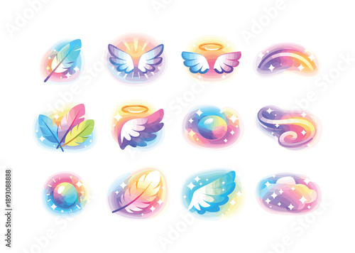 Colorful Glow Wings Icons. Soft glow wings. Colorful flat vector icons set of soft glow wings: glowing feather tip, radiant wing outline, soft halo wing,