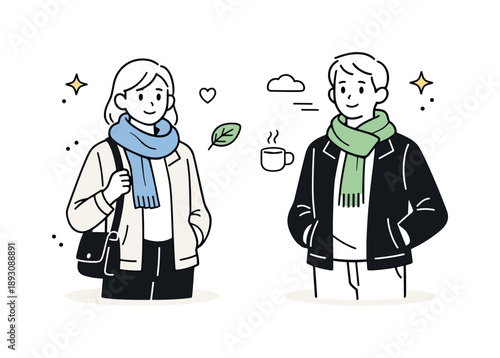 Minimalist Fashion Illustration. Light jacket and scarf vectors. Minimal editorial fashion illustration focusing on seasonal layering, light and approachable