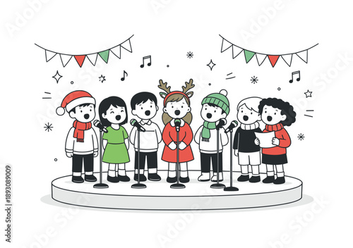Joyful Holiday Concert. Kids performing holiday concert. Children standing on a small stage, singing together with simple microphones. Festive excitement and