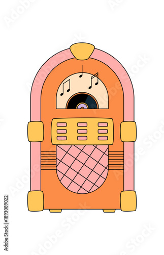 Groovy retro music vinyl box sticker with cartoon graphic style in orange and pink. Vintage audio player and record add y2k fun for a playful, funky, trendy element in music or party themes.