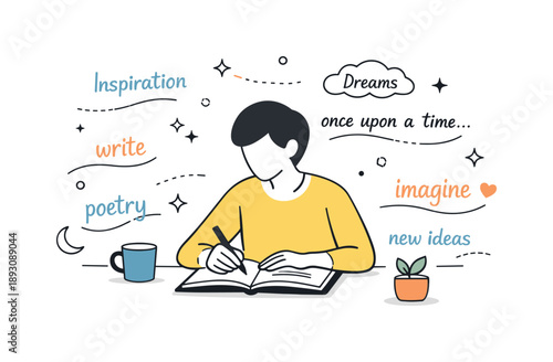 Poetic Inspiration Unleashed. Creative writing and poetry sections. A quiet editorial scene of a person writing in a notebook at a desk, loose words and poetic