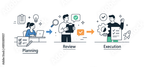 Office Workflow Illustration. Office process flow. Visual representation of tasks moving from planning to execution using simple blocks and arrows. Organized