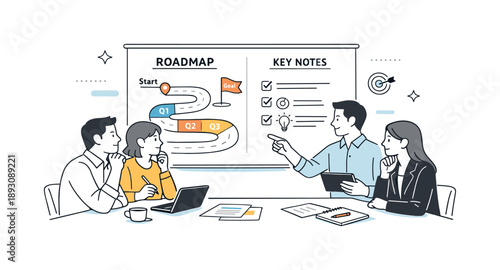 Strategic Roadmap Review. Business meeting strategy. Team reviewing a roadmap and key notes, focused expressions and thoughtful posture. Sense of planning and
