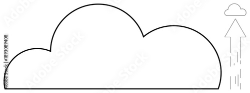 Cloud computing, data storage, technology, digital services, networking, business solutions. Large cloud with upward arrow design. Cloud computing and data storage concept