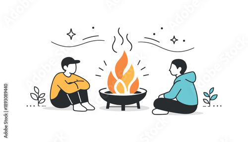 Minimalist Fire Pit Scene. Minimal fire pit scene. Simple fire pit with seated figures nearby, abstract flames and motion lines suggesting warmth and calm