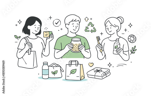 Mindful Shopping Choices. Mindful consumption. People choosing sustainable products with simple packaging, thoughtful gestures and calm expressions emphasizing