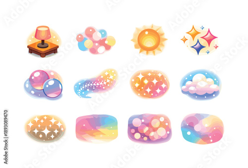 Light Aesthetics Icons. Light Aesthetics. Colorful isometric vector icons set of Light Aesthetics: ambient lighting, soft focus dots, warm glow effect, sparkle