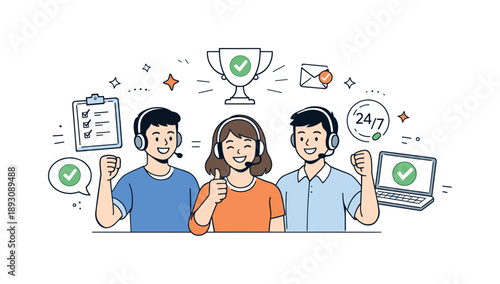 Teamwork Success Celebration. Tech support team success. Support agents smiling after resolving issues with completed task icons nearby. Sense of reliability,
