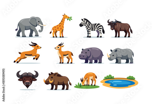 Savanna Animal Icons. Savanna herbivores. Colorful flat vector icons set of Savanna herbivores: elephant walking, giraffe eating leaves, zebra standing,