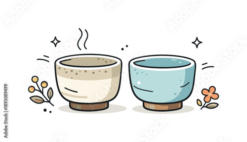 Artisan Tea Cups. Handcrafted pottery. A close-up scene of stoneware tea cups with organic shapes and earthy tones, expressing craftsmanship and authenticity.