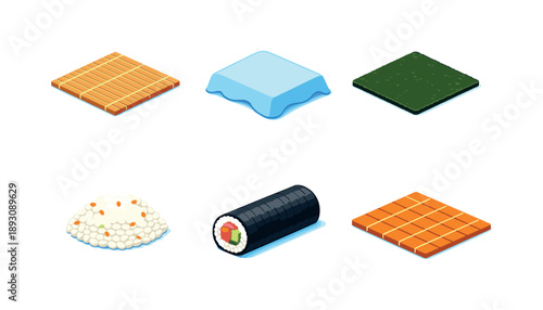 Sushi Preparation Icons. Sushi Prep. Isometric flat vector icons set of sushi prep: flat bamboo mat, damp cloth cover, nori sheet layer, seasoned rice pile,