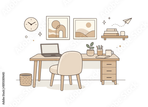 Calm Neutral Office Decor. Neutral color home decor. A corner of a home office with a soft-toned chair, neutral artwork, and light wood desk, showing calm