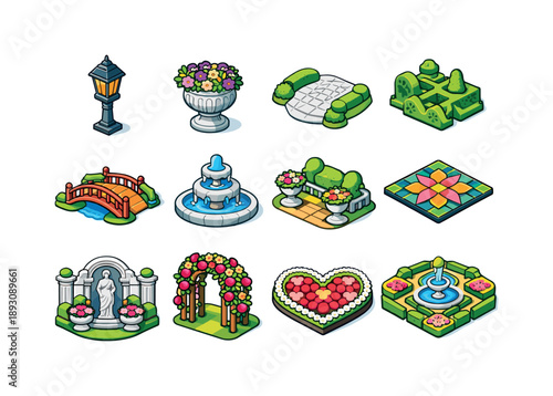 Ornamental Garden Icons. Ornamental Gardens. Colorful isometric vector icons set of Ornamental Gardens: garden lantern, flower urn, marble walkway, stylized