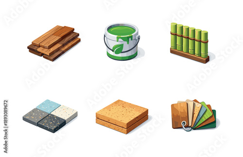 Eco Renovation Icons. Eco-friendly home renovations. Isometric flat vector icons set of Eco-friendly home renovations: reclaimed wood flooring planks, low VOC