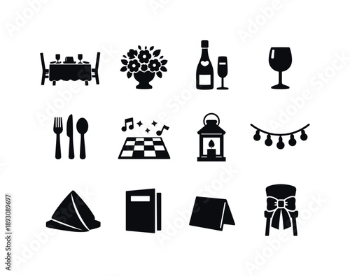 Wedding Reception Icons. Wedding reception. Solid icon set of wedding reception: dining table, centerpiece, champagne bottle, wine glass, cutlery set, dance