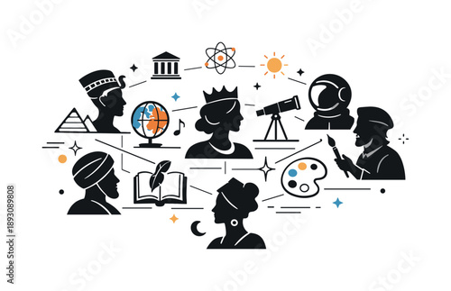 Cultural History Silhouettes. Cultural History Silhouettes. Abstract silhouettes of historical figures connected by thin lines and symbols representing