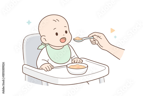 Cute baby eating in high chair with green bib and spoonful of food
