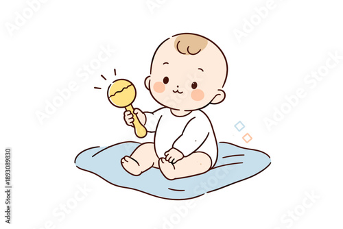 Cute cartoon baby holding rattle on blue blanket