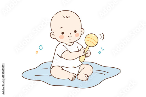 Cute cartoon baby with rattle sitting on blanket