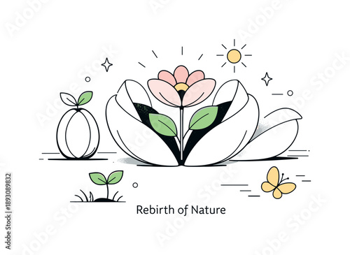 Nature's Gentle Rebirth. Rebirth of nature illustration. A soft editorial scene with abstract organic shapes gently opening and expanding, symbolizing renewal