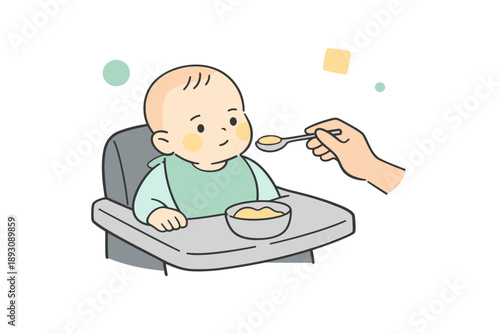 Cartoon baby in high chair being fed puree with spoon