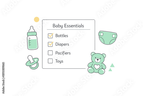 Baby essentials checklist with bottles, diapers, pacifier, and toy bear illustration
