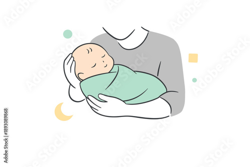 Illustration of adult holding asian infant in swaddle with soothing design elements