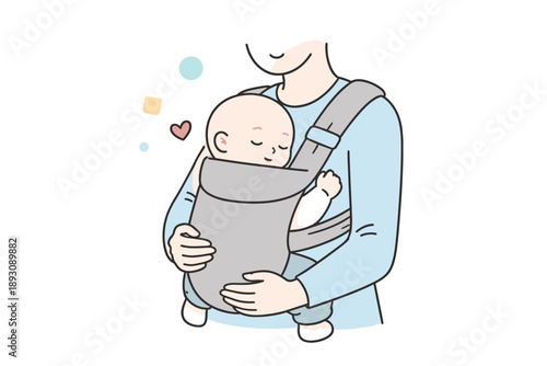 Young caucasian adult carrying baby in grey sling with heart symbol