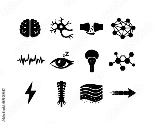Neurobiology Icon Montage. Neurobiology of Dreams. Solid icon set of Neurobiology of Dreams: brain hemispheres, neuron, synapse, neural network, EEG waves, REM