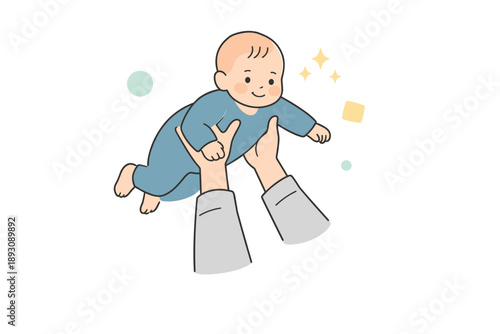 Cartoon illustration of happy baby in blue outfit held by caucasian adult hands