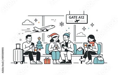 Relaxed Airport Waiting. Holiday airport travel waiting gate. Travelers sitting near a gate with coffee cups and phones. Quiet pause and relaxed holiday mood