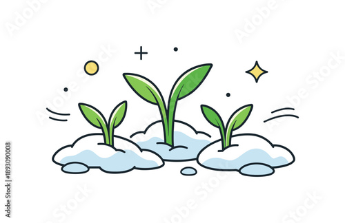 Resilient Spring Emergence. Green sprouts breaking through snow. Friendly minimal illustration symbolizing resilience and new beginnings, green shoots visible