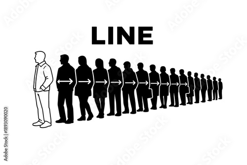 Silhouetted queue of diverse adults standing in line with arrow indicators