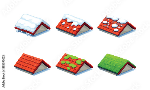 Isometric Roof Evolution. RoofTransition. Isometric flat vector icons set of roof transition: snow-covered house roof, partially melted snowy roof, wet roof
