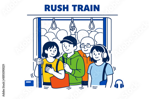 Illustration of diverse commuters on crowded rush hour train