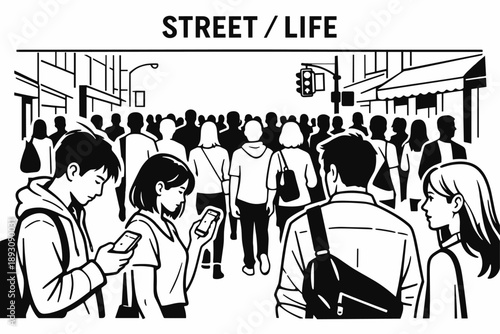 Bustling city street with diverse crowd using smartphones